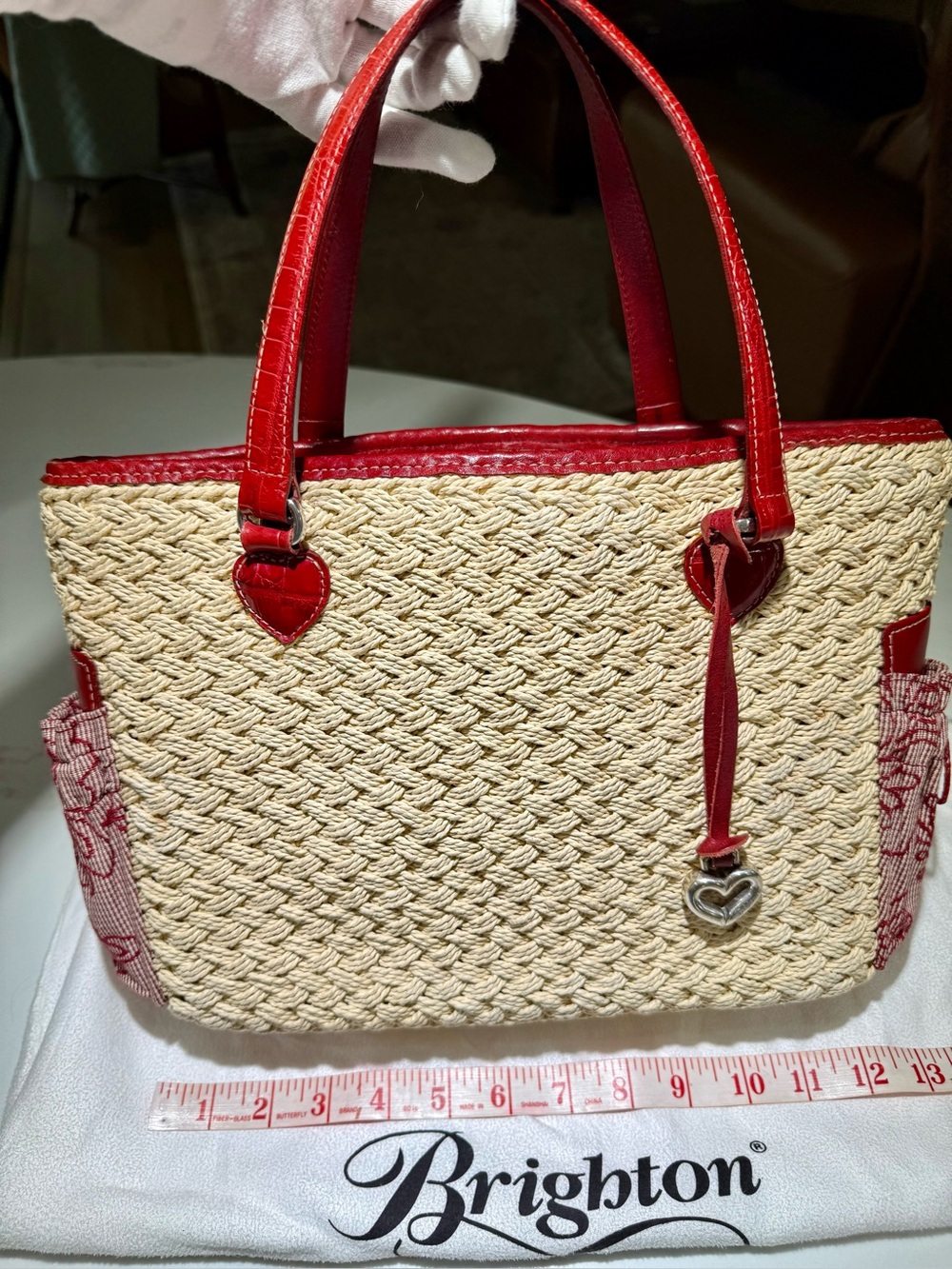 BRIGHTON Vintage Woven Straw Shoulder Tote Bag Red Leather Trim with Storage Bag